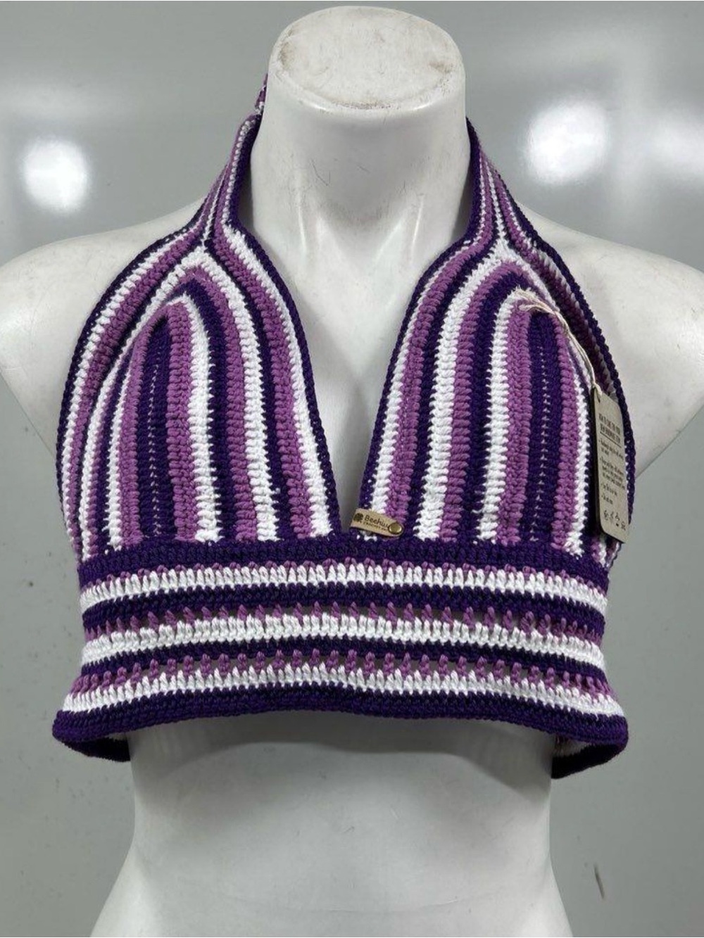 Striped Crochet Halter Top in Purple and White